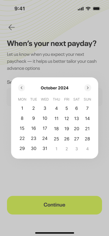 Calendar picker for next payday